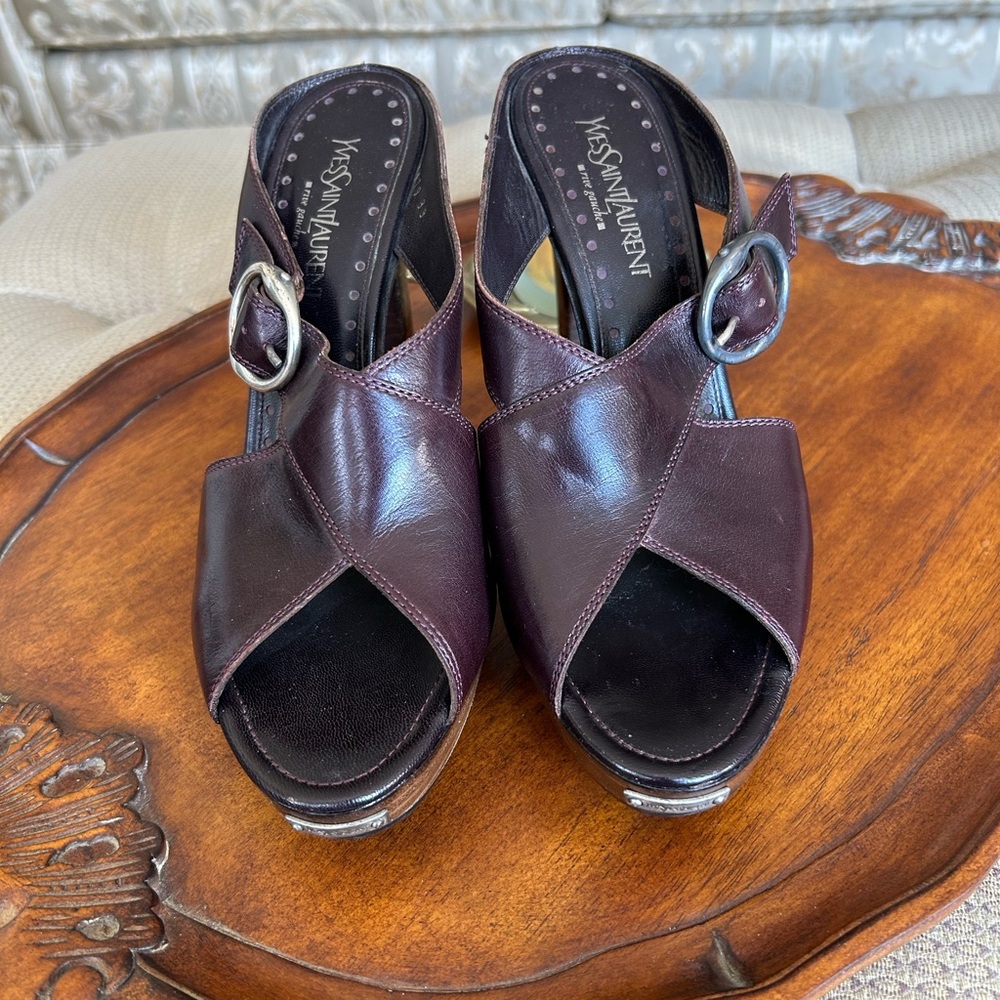 Yves Saint Laurent Women's Brown / Burgundy Wooden Heeled Sandals Size 9 - Picture 3 of 13